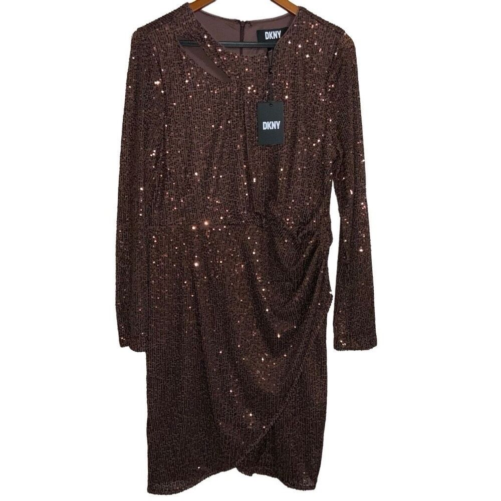 DKNY Dress Brown Cut Out Side Ruched Sequin size 12